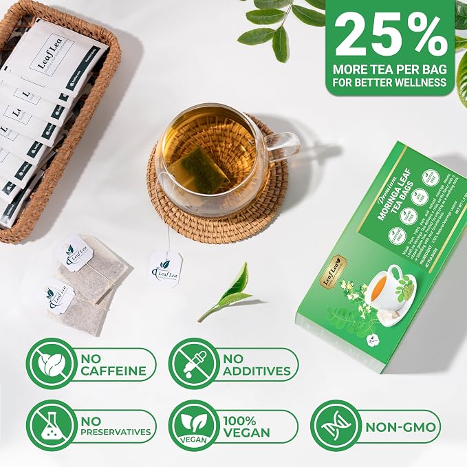 LeafLea Moringa Tea Bags, 100% Pure Moringa Leaf Herbal Tea, 40 Count | Single-Ingredient Moringa Oleifera, Individually Foil-Wrapped for Freshness, Caffeine-Free, Sugar-Free, Vegan