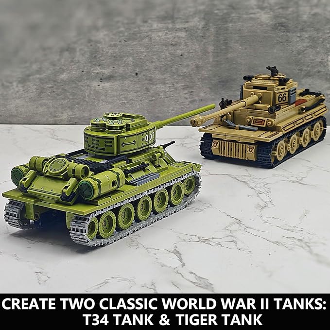 WW2 Tank Building Blocks Set – German Tiger and Soviet T-34 Army Tank Military Model Kits, Toy Gifts for Boys and Men Collectors