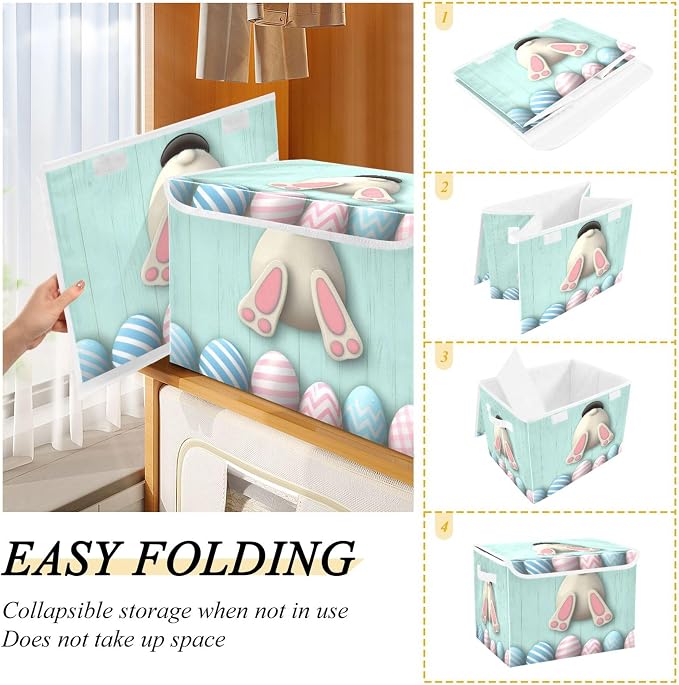 Easter Bunny Storage Bins with Lids and Carrying Handle,Foldable Storage Boxes Organizer Containers Baskets Cube with Cover for Home Bedroom Closet Office