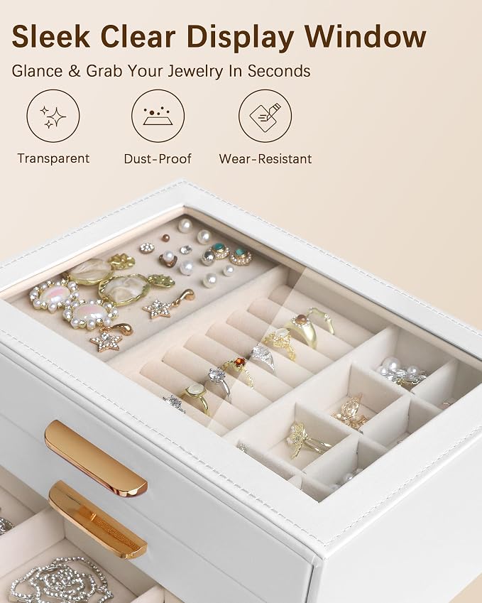 Homeanda Jewelry Boxes Organizer with Glass Lid, 3-Layer PU Leather, White | Modern style display case with 3 drawers for daily jewelry, women, mom or girl gift