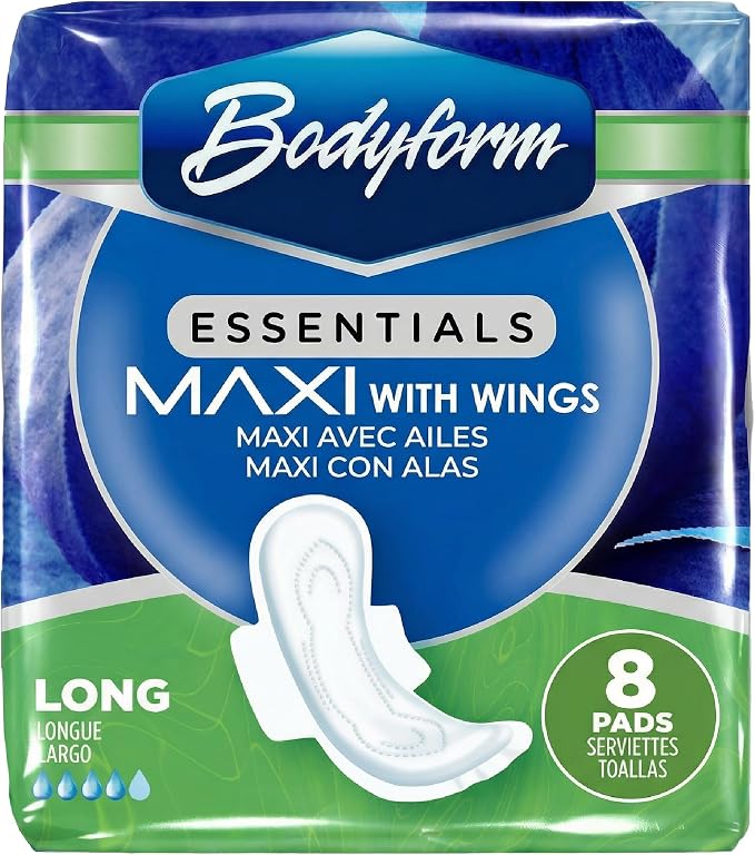 Bodyform Essentials Maxi Pads with Wings | 8 Count, Sanitary Pads for Women, Super-Soft & Leak-Proof Period Pads, Advanced Absorbent Core with Wings | Long