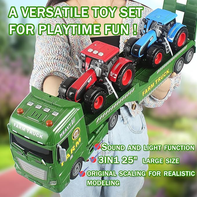 25" Semi Truck Farmer Truck Trailer Friction Powered Vehicles, 3 in 1 Includes 2 Farmer Tractor Push & Go Farming Toys Playset for Boys Kids Toddlers Age 3+
