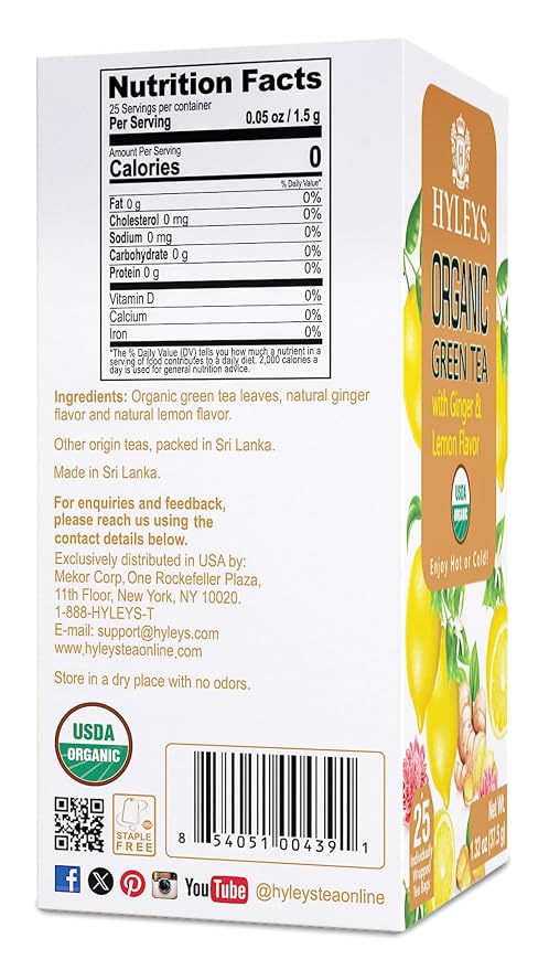 HYLEYS Organic Green Tea, Ginger and Lemon Flavor - 25 Individually Wrapped Tea Bags - USDA Organic - Kosher & Vegan