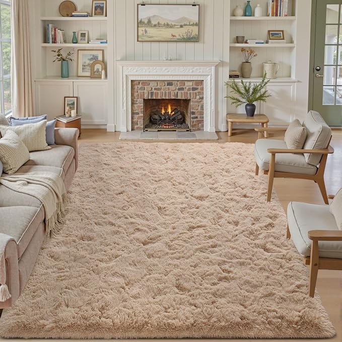 5x7 Living Room Rugs Fluffy Neutral Beige Area Rug，Modern Plush Non-Slip Soft Bedroom Shag Carpet for Book Room Office,Coffee Stain Resistant