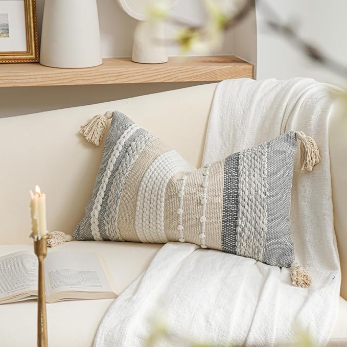 Decorative Lumbar Throw Pillow Cover 12x20 Boho Gray Accent Cushion for Couch Sofa Farmhouse Pillowcase for Bedroom Living Room Home Décor Cover ONLY
