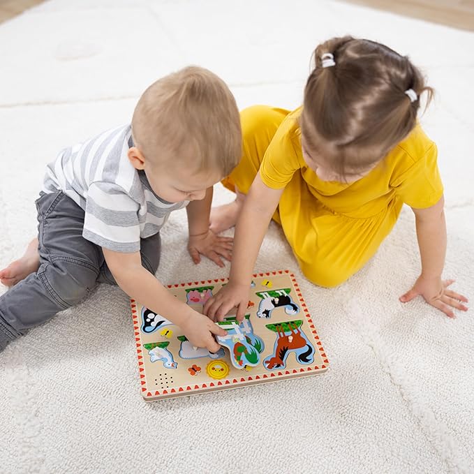 Melissa & Doug Farm Animals Sound Puzzle – 8-Piece Wooden Peg Puzzle with Light-Activated Sounds, Music Learning Toy for Toddlers and Preschoolers Ages 2+