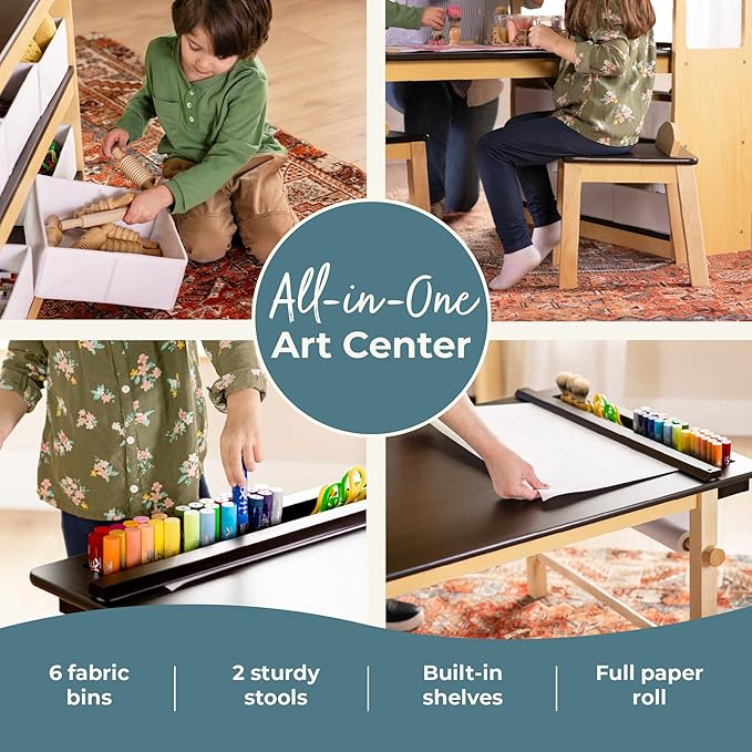 Guidecraft Deluxe Art Center: Kids Arts and Crafts Table and Chairs Set with Storage Shelves, Bins, Paper Roll for Drawing and Painting | Wooden Art Desk for Kids Playroom | Toddler Activity Table