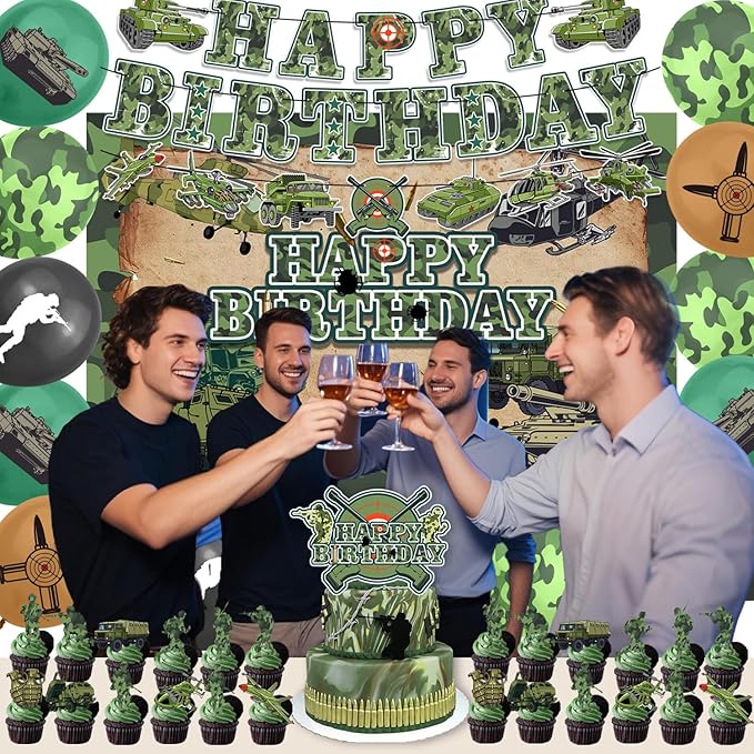 43Pcs Army Birthday Party Decorations Military Supplies Includes Soldier Balloons- Banner-Cake Topper-Cupcake Toppers-Army Soldier Backdrop for Camo Birthday Party Decorations