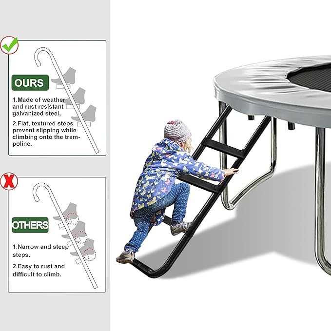 Eurmax USA Universal Trampoline Ladder,240 lbs Capacity,3 Skid-Proof Safety Wide Steps,UV-Resistant Steel Stairs for Kids/Children,Universal Hook Fit,Trampoline Stairs Accessories for Children/Kids