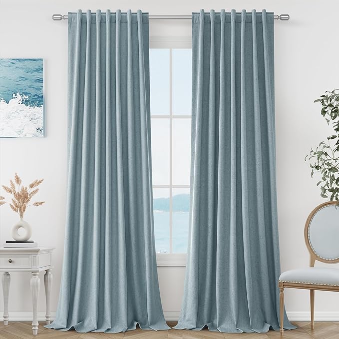 Guken Blue 100% Blackout Linen Curtains 96 Inch Length 2 Panels Set for Living Room Bedroom Back Tab/Rod Pocket Thermal Insulated Black Out Drapes Room Darkening Window Curtains 96 Inches Long