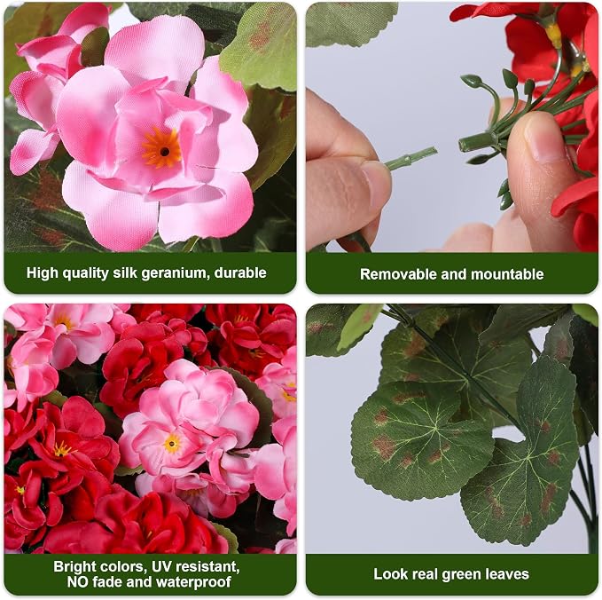 Artificial Geraniums Fake Flowers for Outdoors Decoration, 6 Bundles Silk Geraniums Flower UV Resistant Look Real Faux Plants for Front Door Garden Porch Planter Patio Balcony Yard Indoor Home, Mix