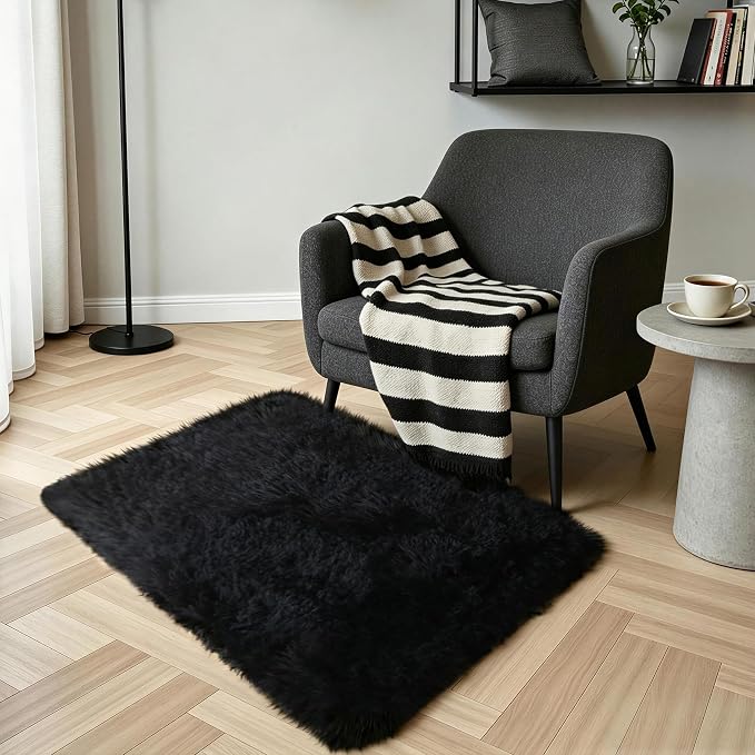 Black Fluffy Shag Rug 2x3, 2 Pcs Soft Plush Fuzzy Washable Non Slip | Cozy furry shaggy carpet for bedroom, living room, kids room, nursery, dorm, boys and girls