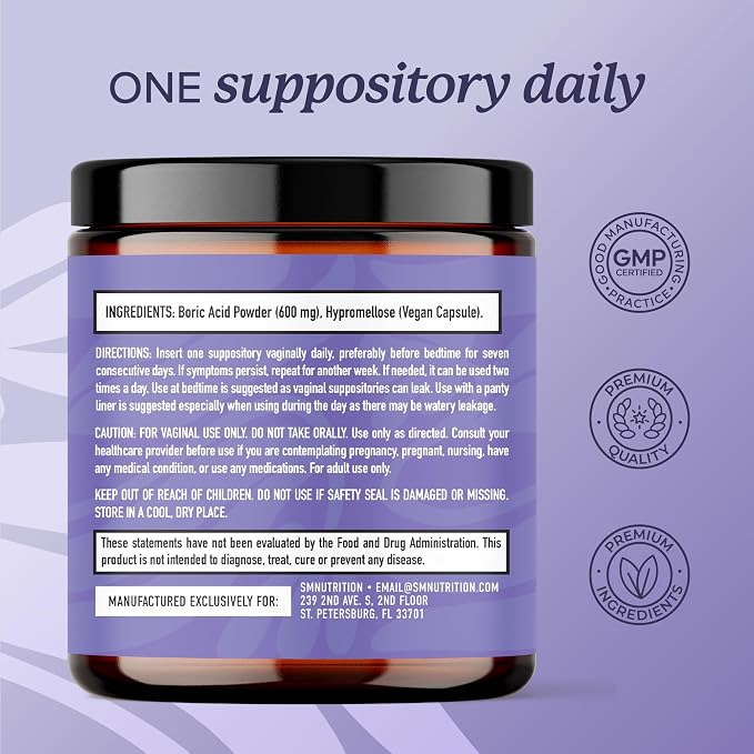 Boric Acid Suppositories for Women 600mg, pH Balance & Vaginal Odor Support | Feminine Hygiene Itching & Intimate Health Support, Boric Acid for Women Vaginal Suppositories, Unscented, Vegan, 30 Count