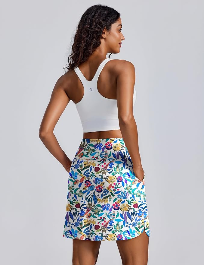 PINSPARK 18" Skorts for Woman Above Knee Length Golf Skirts 3 Pockets | High Waist, Built in Shorts, UV Protection, 4-Way Stretch, Soft, Dolphin Hem, Athletic, Tennis, Pickleabll, Casual