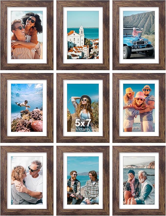 Vittanly 5x7 Picture Frames Set of 9, Shatter Resistant Plexiglass, Display 4x6 Pictures with Mat or 5x7 without Mat, Photo Frames for Wall or Tabletop, Engineered Wood, Brown