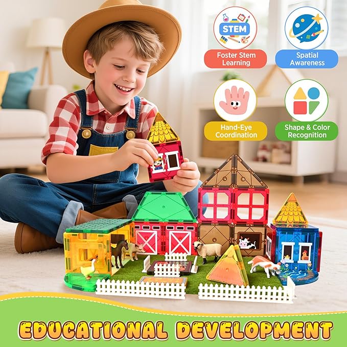 Magnetic Tiles with Farm Animals, 50PCS Magnetic Blocks Building Toys for Age 3-5 4-8 8-12, Construction STEM Magnet Toys Gift for Kids, Boys and Girls