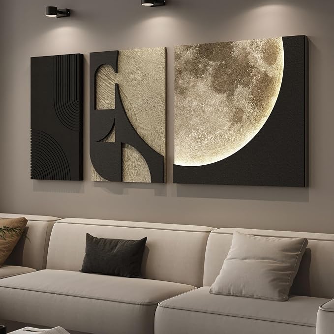 3D LED Wall Art with Moon Design, Lighted Abstract Wall Decor Set, 3 Piece | Warm LED glow, textured moon design, black and beige tones, easy to hang, wall decor for living room bedroom and entryway