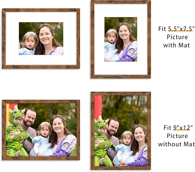 Picrit 9x12 Picture Frame Set of 12, Display 6x8 with Mat or 9x12 without Mat, Photo Frames for Wall Mounting or Table Top Display, Brown