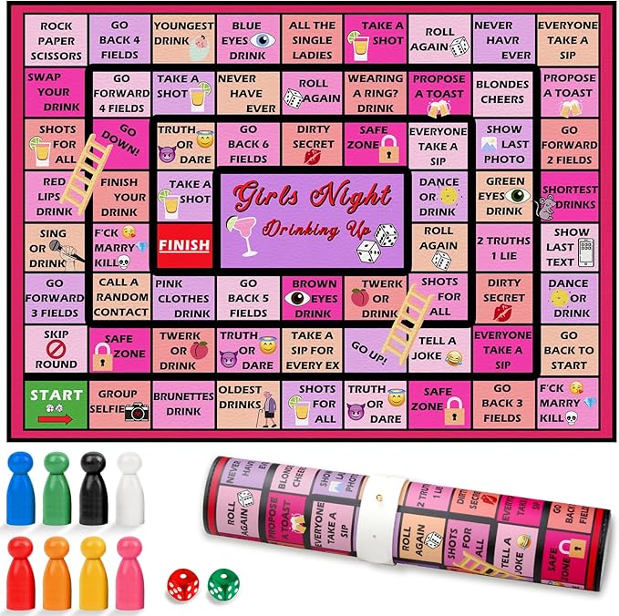 Girls Night Game Drinking Board Games, Party Interactive Drinking Game Playmat for Adult, Bachelorette Party Games Age 21+, 2-8 Players (Girls Night Game)