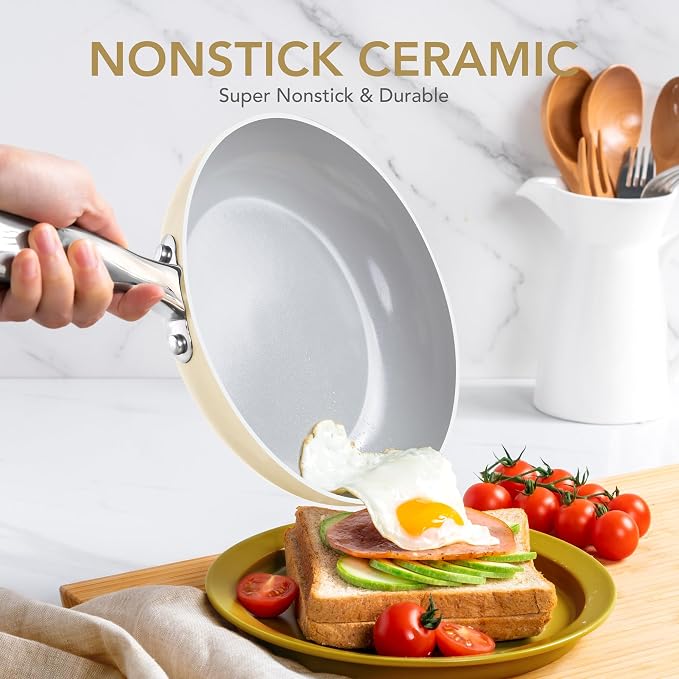 MICHELANGELO Frying Pans Nonstick with Lid - 8 Inch Small Frying Pan, Non Toxic Ceramic Pan with Lid, Non Stick Small Skillet for All Stovetops, Beige