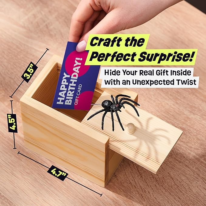 The Original Spider Prank Box- Funny Wooden Box Toy Spider Prank, Hilarious April Fools Day, or Birthday Surprise Toy and Gag Gift Practical Joke Bromas Kit