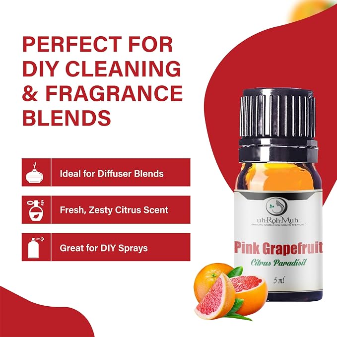 Pink Grapefruit Essential Oil Cold Pressed Citrus Paradisi Peel Oil Fresh Citrus Aroma Top Note Essential Oil for Aromatherapy Diffuser Skincare Haircare and Natural DIY Cosmetic Blends - 5 ml