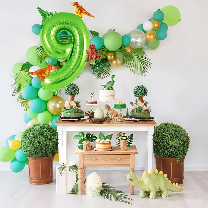 Dinosaur Green Number 9 Balloon, 40 Inch Big Large Foil Helium Green Number Balloon with 4 Pcs Mini Dinosuar, Dinosuar Mylar Balloons Set for 9 Year Old Birthday Party Decorations Supplies