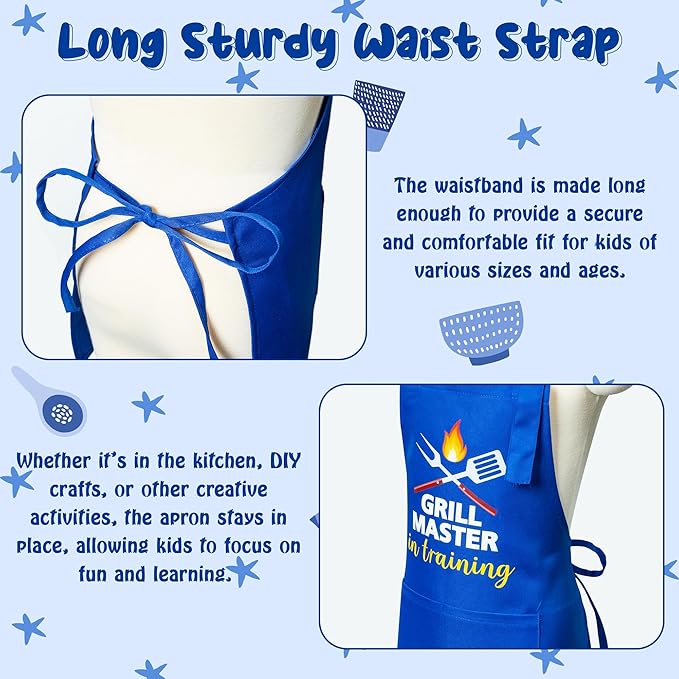R HORSE Kid Apron and Chef Hat Set 2Pcs Adjustable Children Dark Blue Kitchen Apron, Dress up Role Play Chef Toy Cooking Baking Painting and Training Kits Kid Funny Cooking Birthday Gift for Kids
