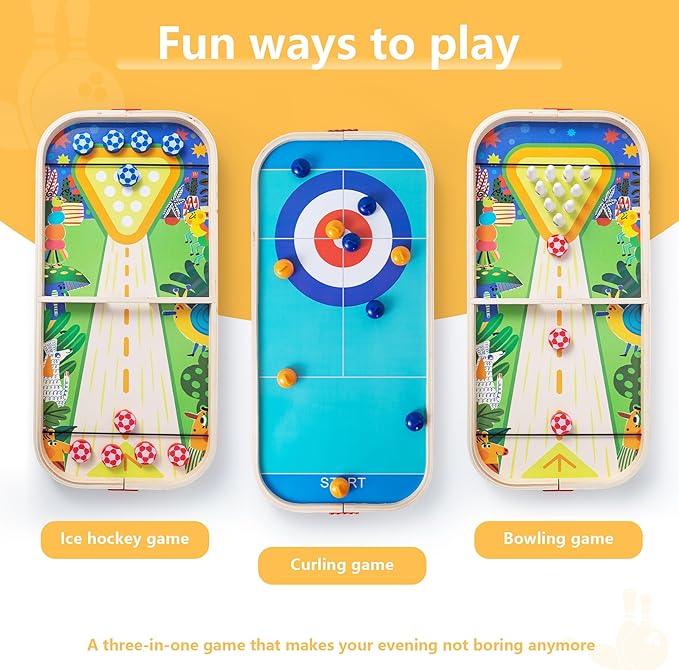 3-in-1 Wooden Tabletop Board Game - Portable Curling, Slingshot & Bowling Set for Kids & Family - Educational Montessori Toy, Screen-Free Indoor Fun, for Boys Girls Ages 3+