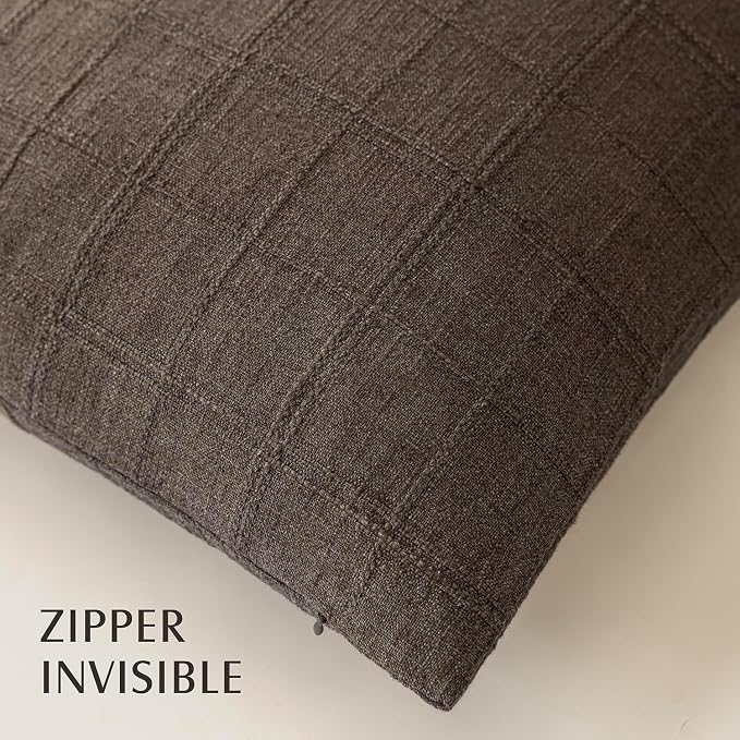 Foindtower Set of 2 Decorative Linen Check Throw Pillow Covers Neutral Farmhouse Lumbar Cushion Covers Modern Boho Home Decor for Sofa Chair Couch Bedroom Living Room,12×20 Inch,Dark Brown
