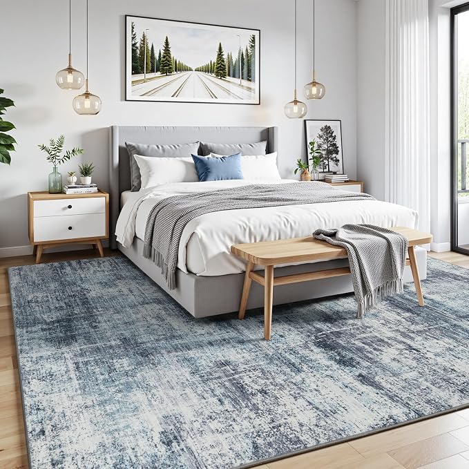 9x12 Area Rug for Living Room, Abstract Washable Non-Slip Large Rugs, Blue | Soft Neutral Carpet for Bedroom, Dining Room, Home Office Nursery Indoor, Stain Resistant, Non-Slip, Low Pile Modern Rug