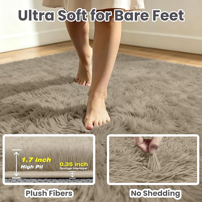 5x7 Area Rug for Living Room, Ultra Soft Fluffy Grey Camel Rugs for Bedroom, Non Slip Large Shag Carpet, Fuzzy Plush Nursery Rug, Thick Washable Indoor Floor Carpets for Kids Office Dorm Home Decor