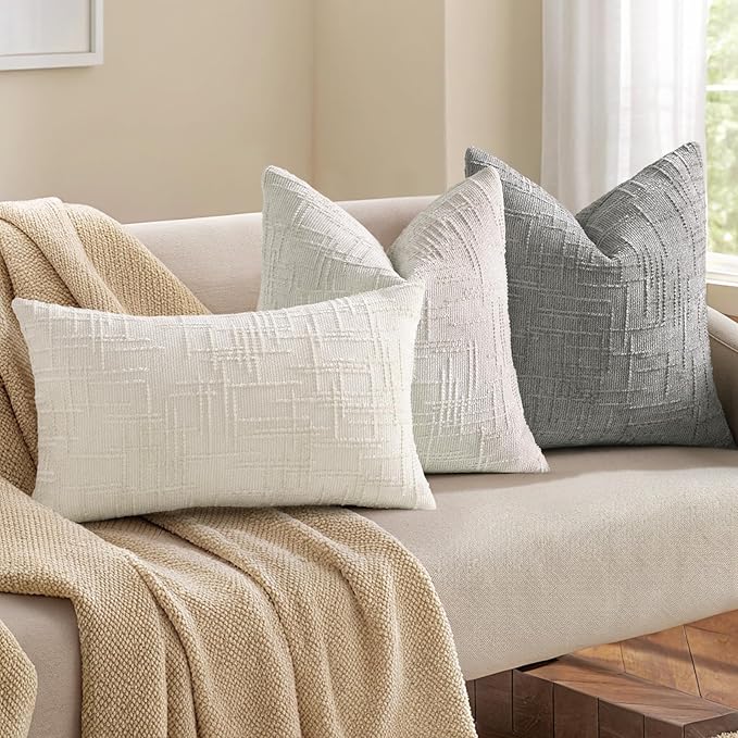 decorUhome Textured Chenille Throw Pillow Covers 16x16 Set of 2 Light Grey | Fall Modern Farmhouse Soft Cozy Slubby Couch Pillow Cases Boho Decorative Pillow Cases for Bed Sofa Living Room Home Decor