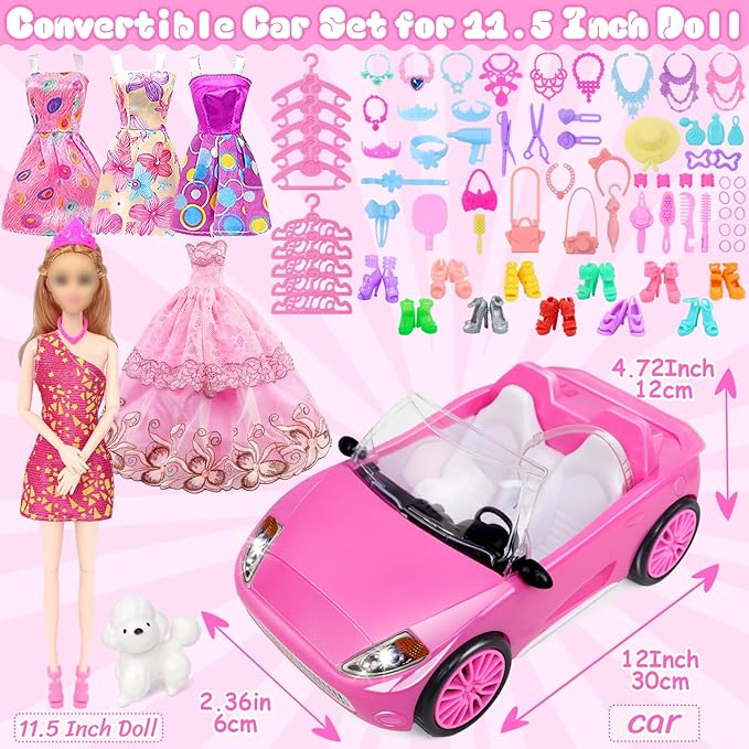 TDDS9 78 Pcs 11.5 Inch Doll Pink Convertible Car Playset, Dress up for Kids Including 11.5 in Girl Doll, Toy Car, 1 Fancy Dress, 3 Regular Dress, 1 Fashion Dress, 71 Accessories