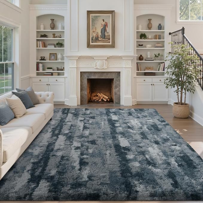 5x7 Feet Area Rugs for Living Room, Grey and Blue Plush Fluffy Shaggy Bedroom Rugs Non-Slip, Ultra Soft Carpet for Nursery Kids PlayRoom Dorm Office Indoor