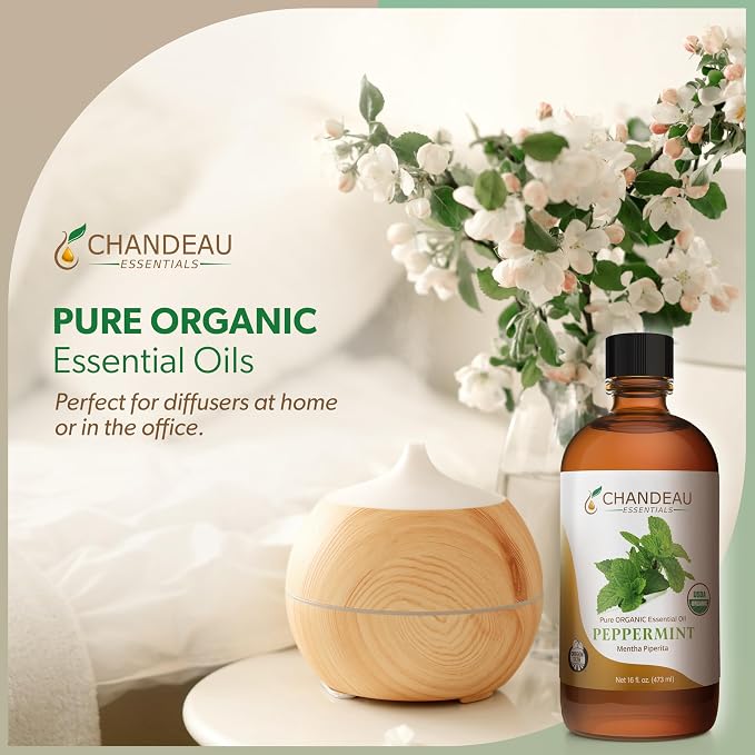 100% Pure Organic Essential Oil, Pure Peppermint Essential Oil for Aromatherapy, Soap Making, Candles, Laundry, Perfume, Cleaners or Diffusers - Large Amber Glass Bottle, 16 oz.