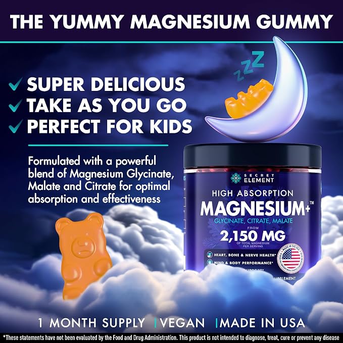 Secret Element Magnesium Glycinate 2150MG Gummies for Women and Men, High Absorption Magnesium Glycinate, Citrate, Malate, Sugar Free, Vegan, 60 Chews, Pack of 2, Orange