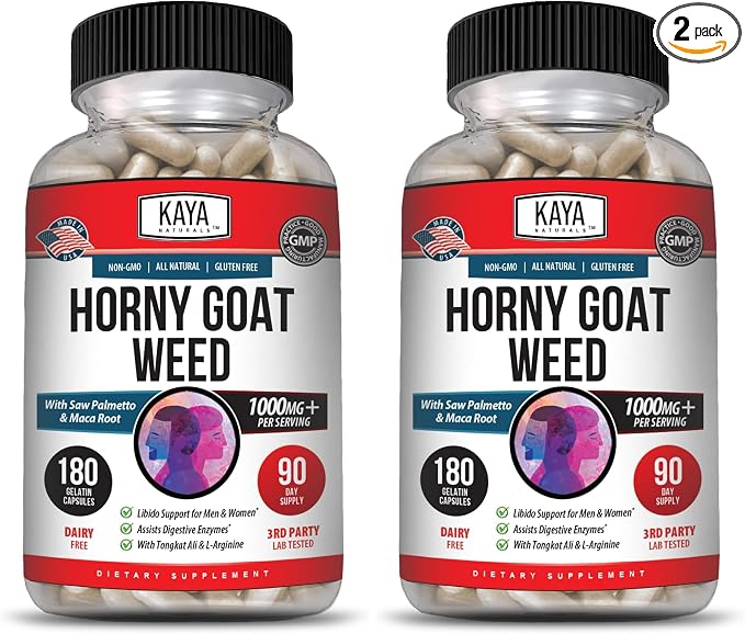 Kaya Naturals Horny Goat Weed Extract - Maca - Extra Strength Complex with Saw Palmetto Ginseng, Arginine Vitamin Supplement - Horny Goat Weed - 180 Count (Pack of 2)