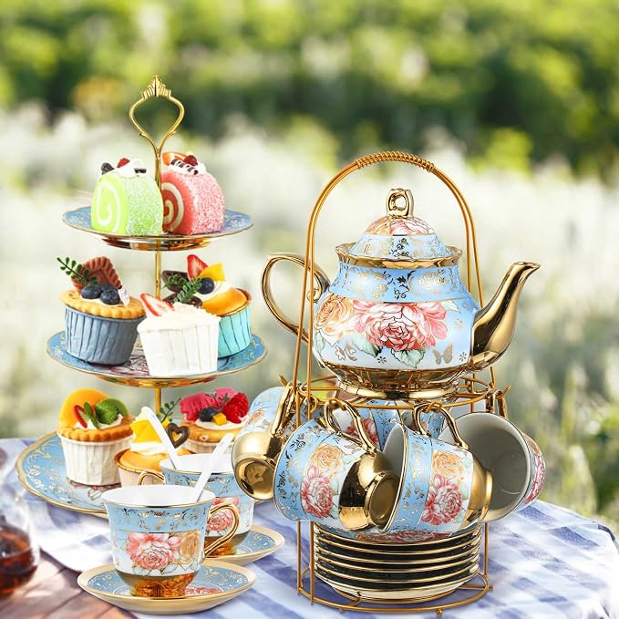 Maxcheck 21 Pcs Porcelain Tea Set for Women Tea Party with Metal Holder and 3 Tier Cake Stand Ceramic European Floral Teapot Set for Adults Mother's Day Christmas Thoughtful Gift(Advanced Style)