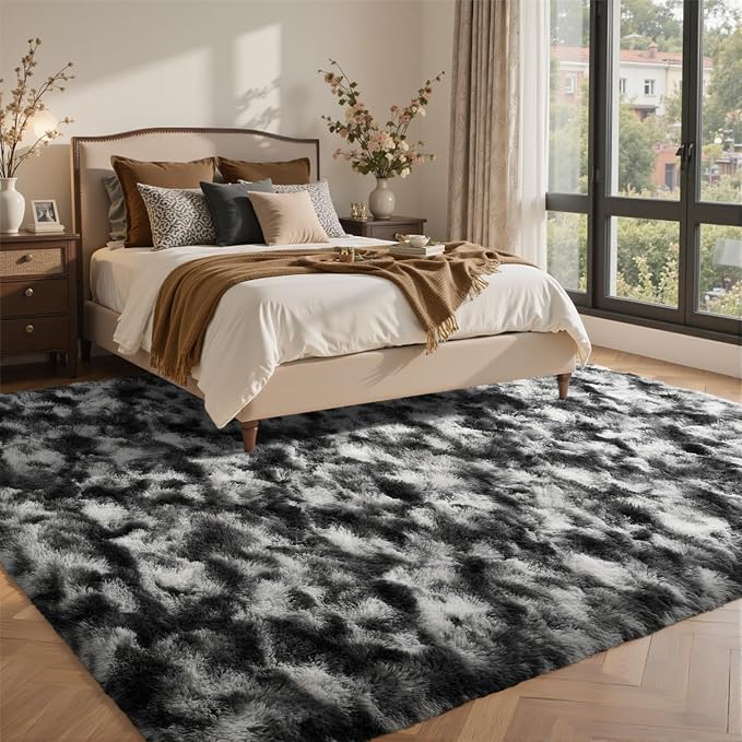 9x12 Ft Extra Large Shag Rugs for Living Room, Tie Dyed Ultra Soft Fluffy Furry Area Rugs for Bedroom Indoor Floor, Aesthetic Carpet for Kids Home Decor (Black Grey)