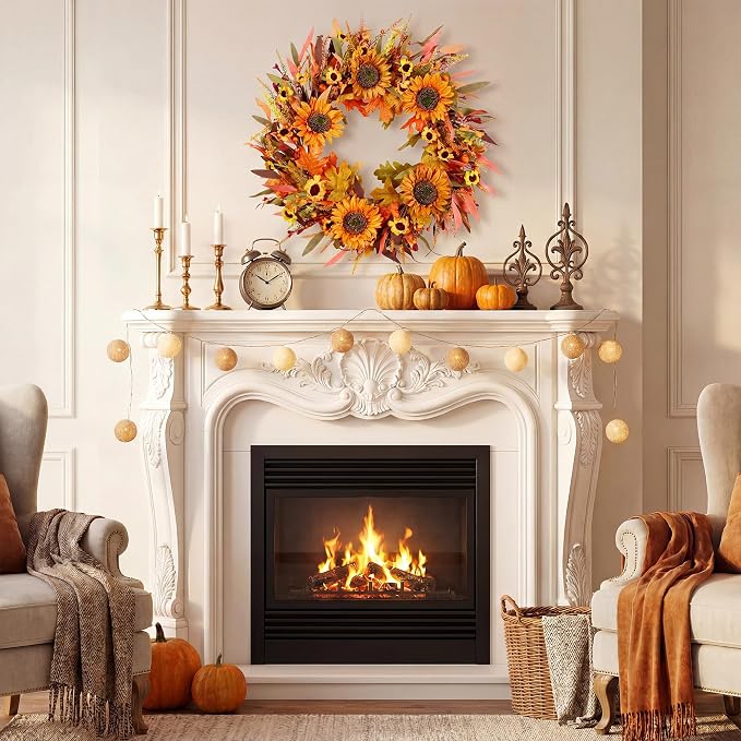 22" Fall Wreath Front Door Sunflower Artificial Wall Decor Farmhouse Autumn Wreath Thanksgiving Home Porch Outdoor Indoor Holiday Harvest Decor