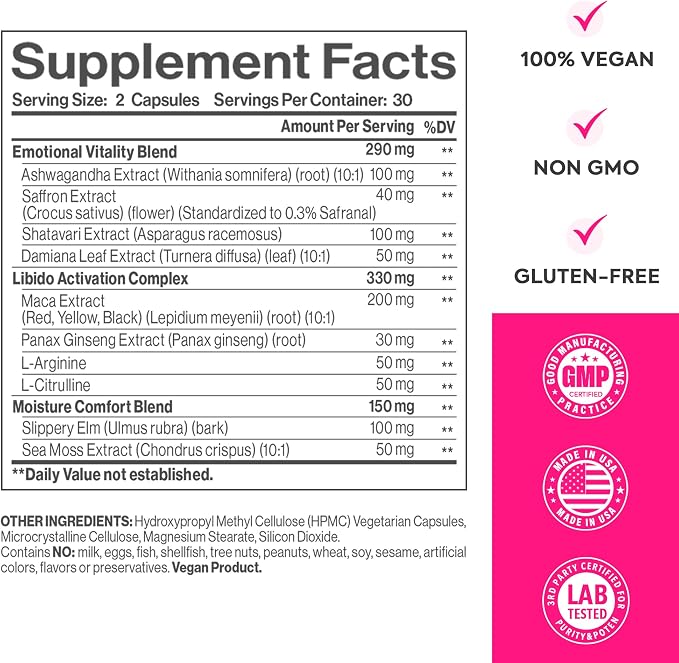 Vaginal Moisture & Libido Booster for Women - Stress Relief, Hormone Balance, Desire & Mood - Ashwagandha, Sea Moss, Maca Root, Saffron, Slippery Elm, Ginseng, Shatavari, Damiana, 60CT