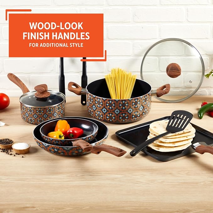 IMUSA 10 Piece Talavera Aluminum Black Ceramic Cookware Set | Black Ceramic Nonstick Coating, Cool-Touch Handles and Glass Lid, Ideal for Mexican Dishes, Great for Gifting