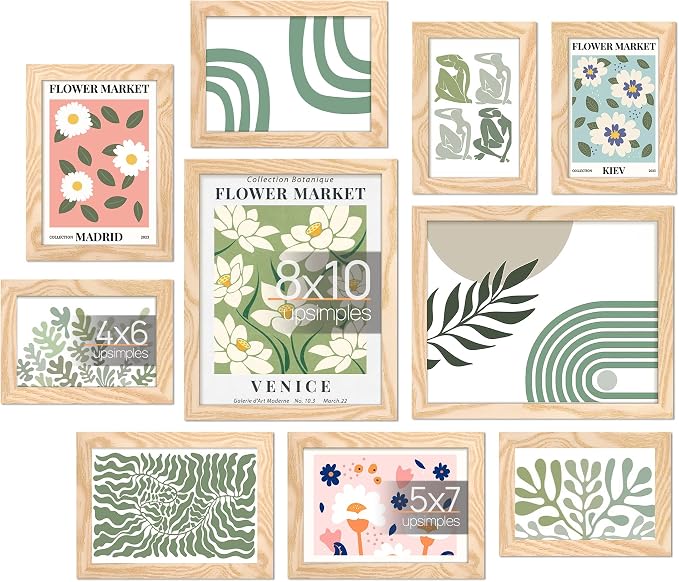 upsimples 10 Pack Picture Frames Collage Wall Decor for Mounting or Tabletop Display, Photo Gallery Frame Set for Family, Multi Sizes Including 8x10, 5x7, 4x6, Natural | Multi Picture Frames Collage Wall Decor, Gallery Wall Frame Set, Gift For Christma...