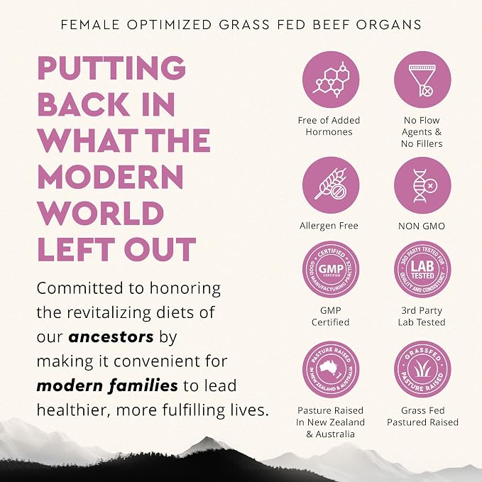 Beef Organ Supplement for Women – Supports Hormone Balance, Energy & Wellness – Grass Fed, Pasture Raised Superfood – Liver, Heart, Kidney, Bone Marrow – Collagen, CoQ10, B12 – Female Support Blend