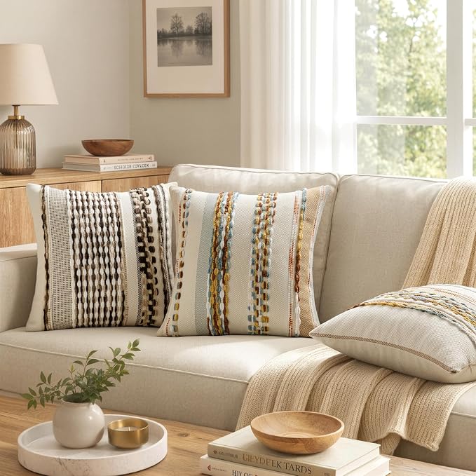 ANRODUO Boho Decorative Pillow Covers Dark Brown Stripe 18x18 Pack of 2 | Throw Pillow Covers, Farmhouse Cushion Case, Chenille Pillow Cases, Pillow Covers, Accent Neutral Pillowcase for Couch Bed