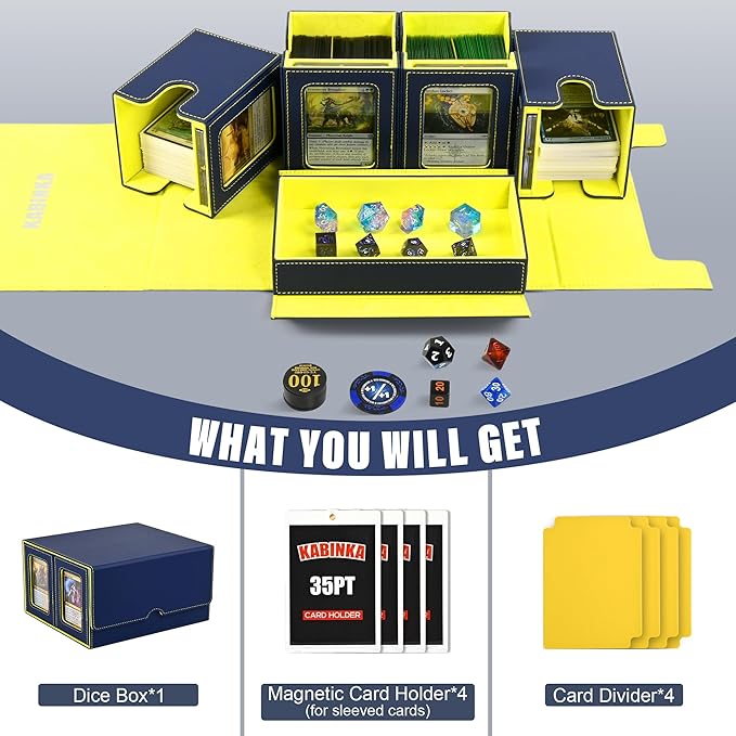 Kabinka Card Deck Box for MTG Commander, Holds 400+ Double-Sleeved Cards, 5 IN 1 Detachable Card Case with Dice Tray, Fits Magic/TCG Cards, 4 Magnetic Card Holders & Dividers (Blue Yellow)