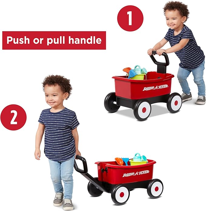 Radio Flyer Push & Pull Walker Wagon with Garden Tools, Red, for Kids 1-4 Years Old, Locking Handle for Stability, Baby Push Walker Converts to Pull Wagon, for Indoor & Outdoor Play