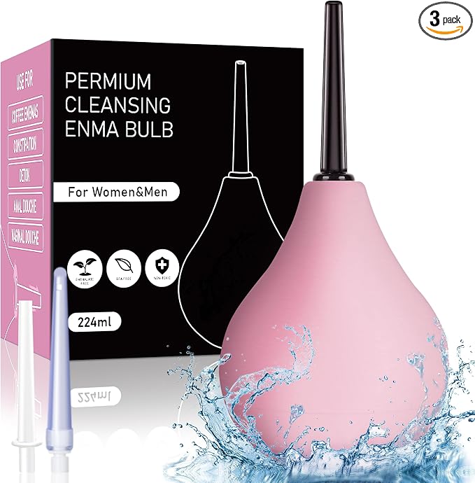 Douche for Women Enema Bulb Kit - Anal Douche,Enima Anal Douching with 3 Nozzle,Reusable Anal Cleaner Enema Bulb,Enima for Men Women(Pink)