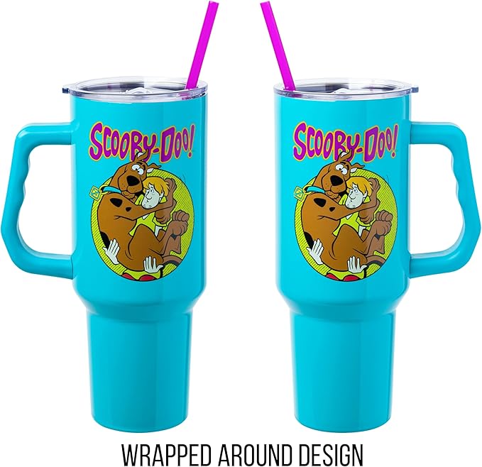 Silver Buffalo Scooby-Doo Featuring Scared Shaggy and Scooby Double Walled Stainless Steel Tumbler with Handle and Straw, Fits in Standard Cup Holder, 40 Ounces